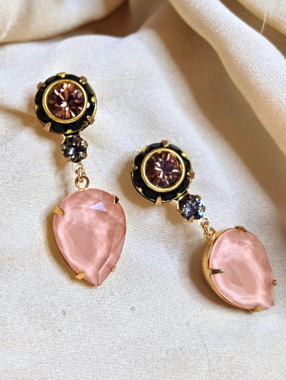Victorian Peach & Black Crystals In  Feminine Artisan-Made Gold Plated Earrings